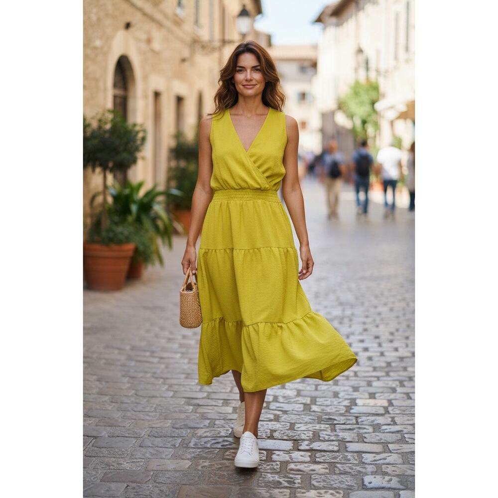 Nina Leonard Size Small Chartreuse Multi-Tier Sleeveless Dress NWT